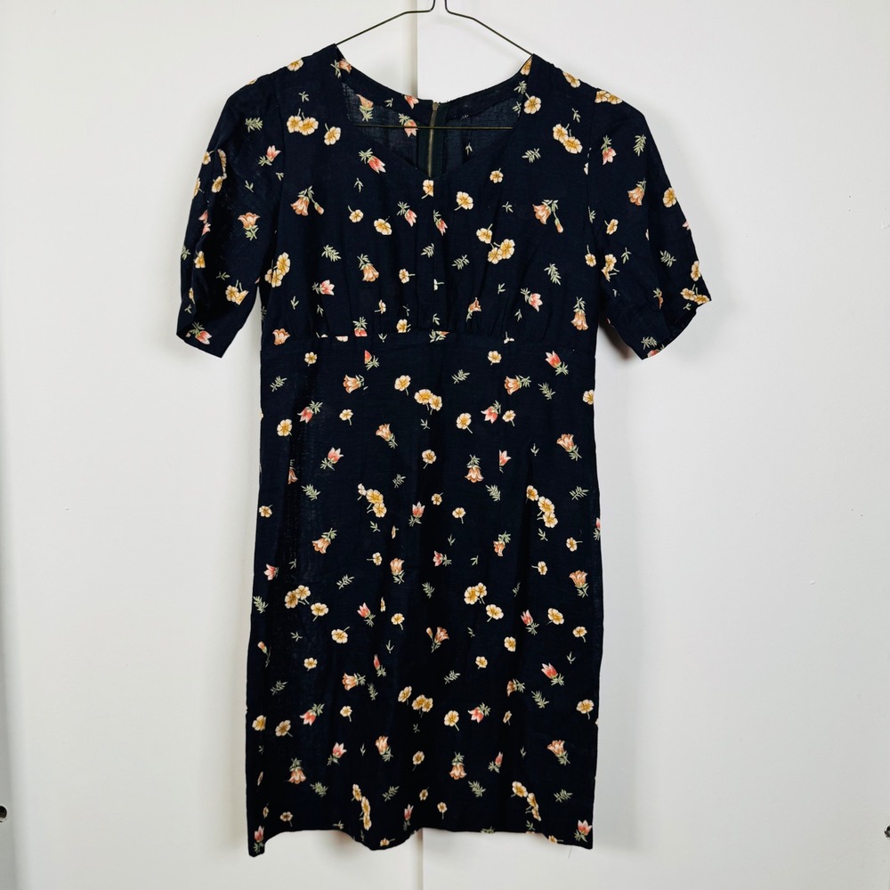 Handmade Vintage Navy Blue Floral Linen Mini Dress Short Sleeve Empire Waist SS